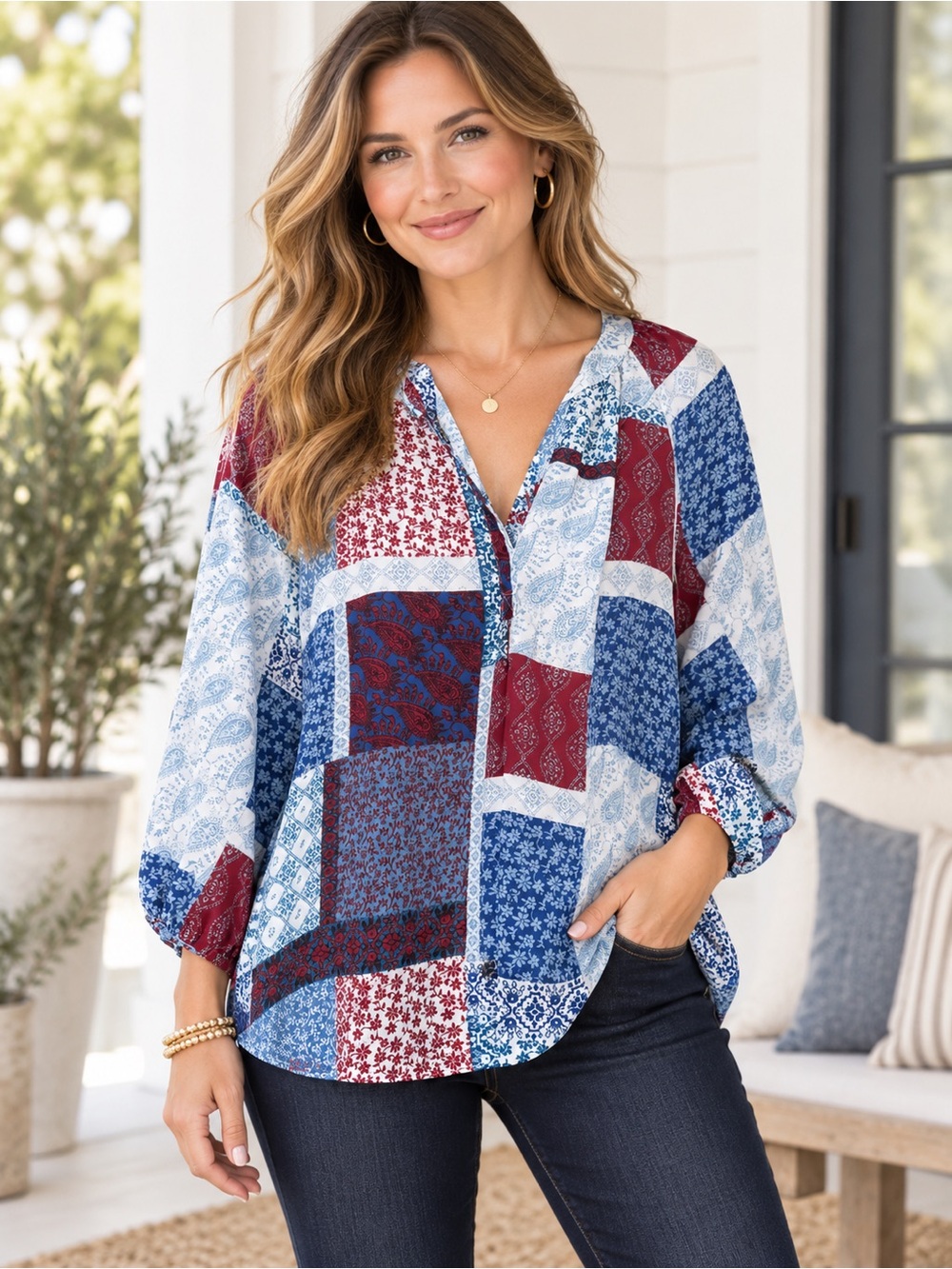 ZAC & RACHEL Patchwork Medallion Paisley Split Neck Blouse Size Large